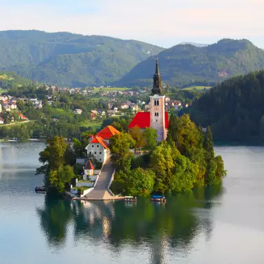 Santa Maria Church catholic church on an island in the centre of Lake Bled, Slovenia